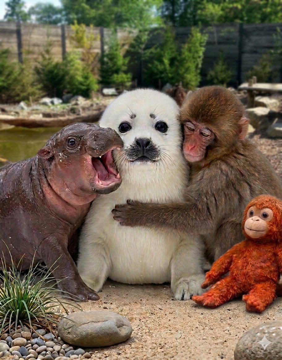 Tsuki hanging with Moo Deng and Punch